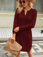 Notched Neck Cable-Knit Slit Sweater Dress - Guy Christopher