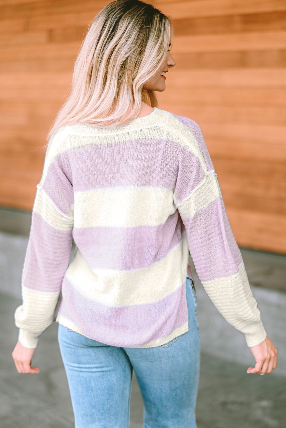 Notched Neck Color Block Dropped Shoulder Knit Top - Guy Christopher