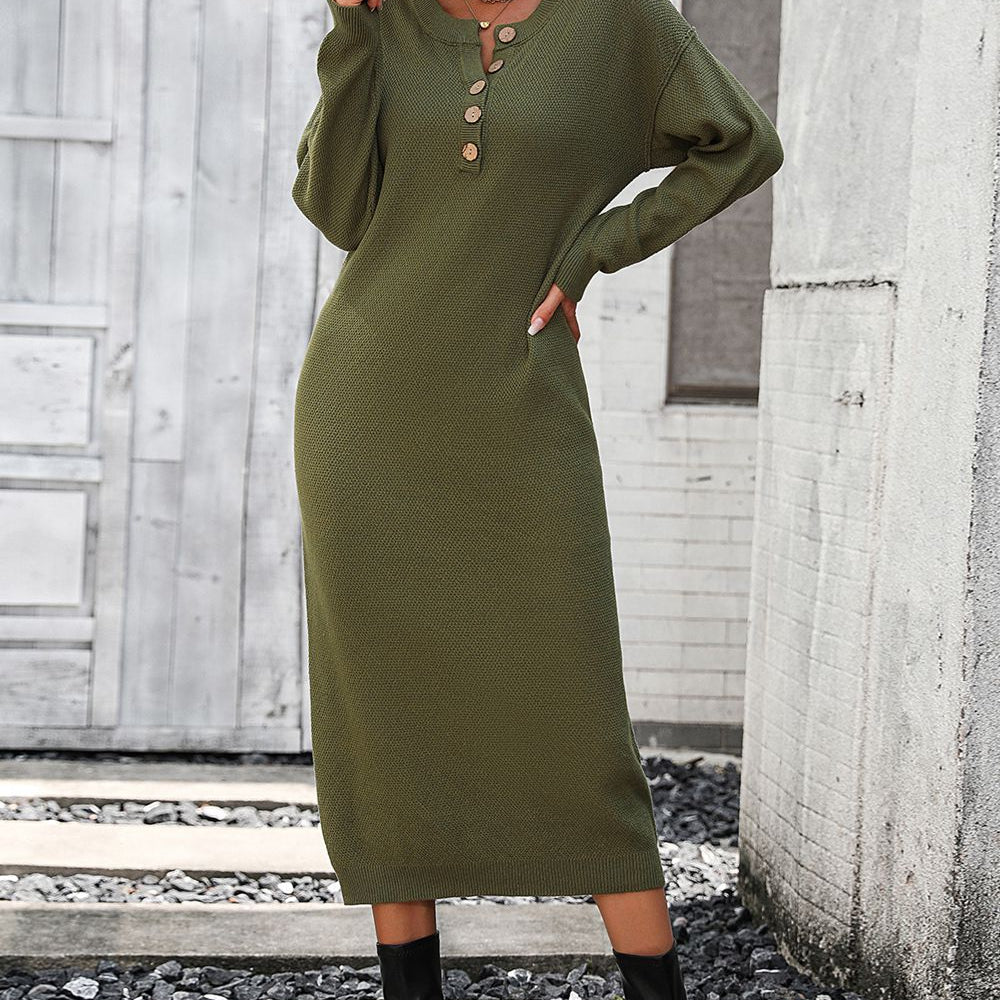 Notched Neck Dropped Shoulder Button-Down Midi Dress - Guy Christopher