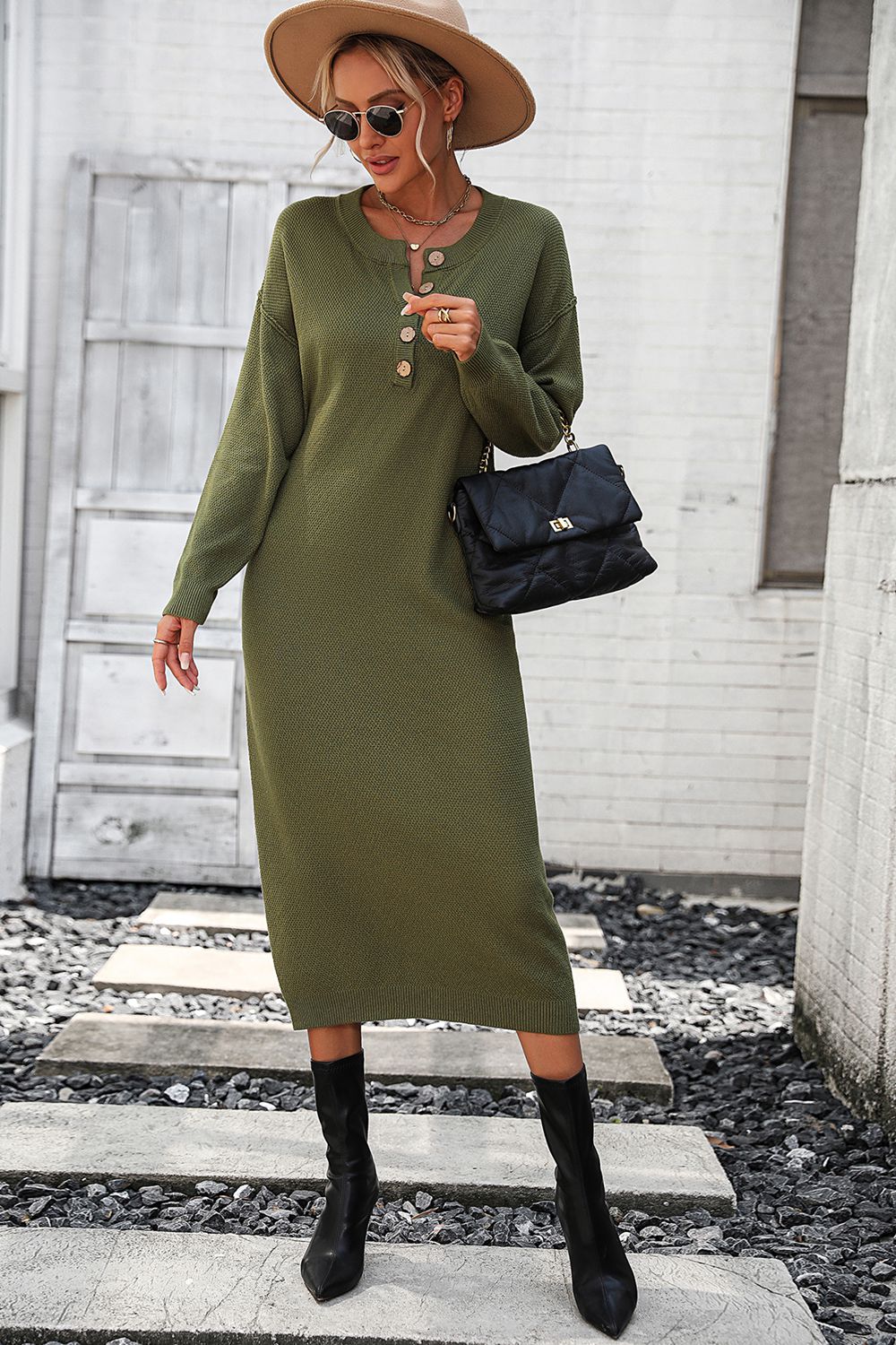 Notched Neck Dropped Shoulder Button-Down Midi Dress - Guy Christopher