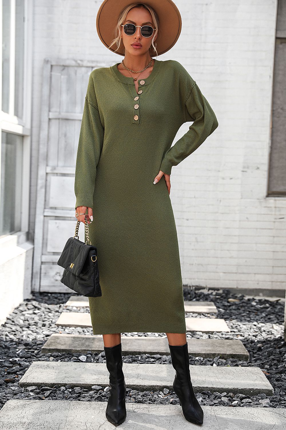 Notched Neck Dropped Shoulder Button-Down Midi Dress - Guy Christopher