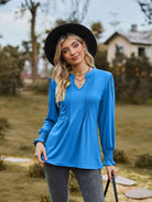 Notched Neck Flounce Sleeve Blouse - Guy Christopher