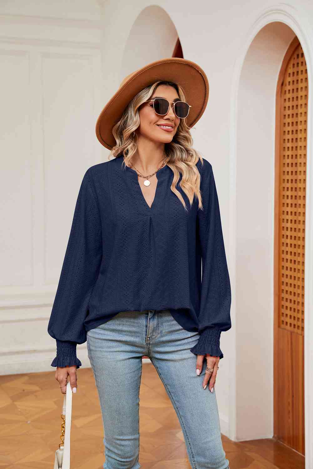 Notched Neck Flounce Sleeve Blouse - Guy Christopher