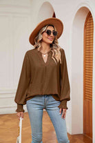 Notched Neck Flounce Sleeve Blouse - Guy Christopher