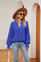 Notched Neck Flounce Sleeve Blouse - Guy Christopher