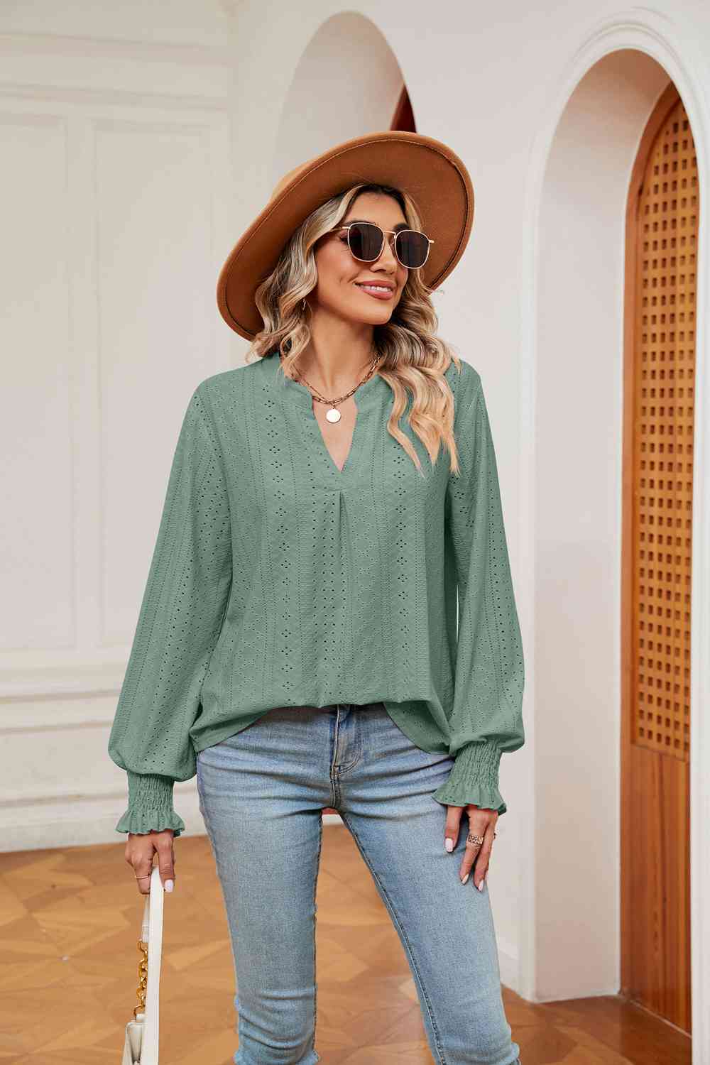 Notched Neck Flounce Sleeve Blouse - Guy Christopher