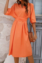 Notched Neck Half Sleeve Midi Dress - Guy Christopher