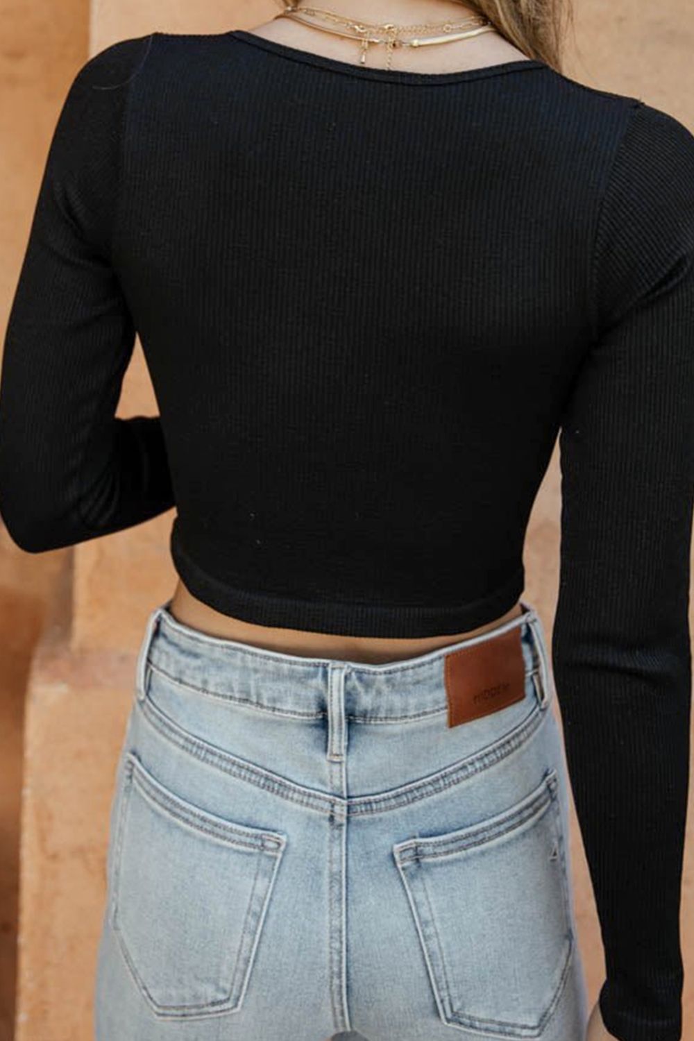 Notched Neck Long Sleeve Cropped Top - Guy Christopher