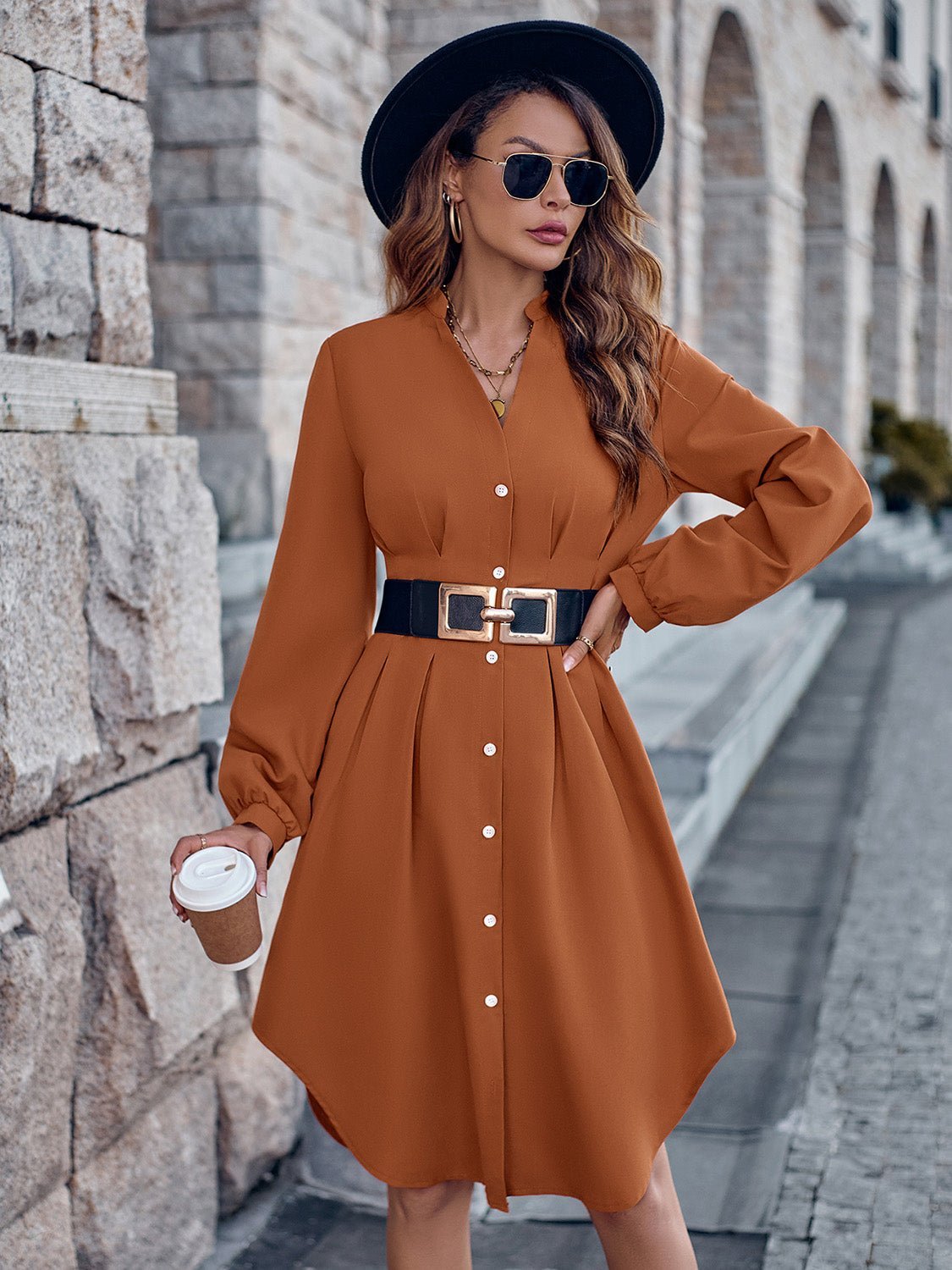 Notched Neck Long Sleeve Dress - Guy Christopher