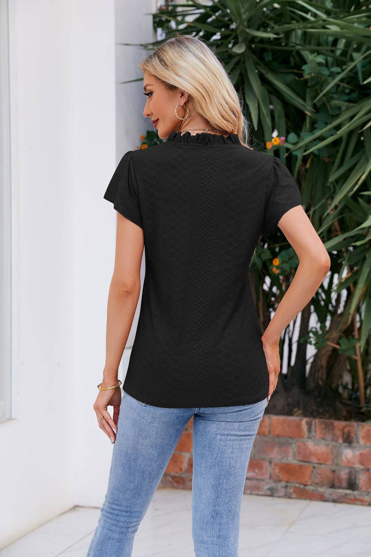 Notched Neck Puff Sleeve Blouse - Guy Christopher