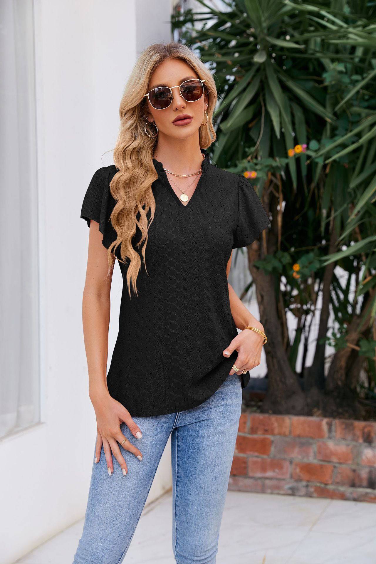 Notched Neck Puff Sleeve Blouse - Guy Christopher