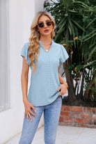 Notched Neck Puff Sleeve Blouse - Guy Christopher