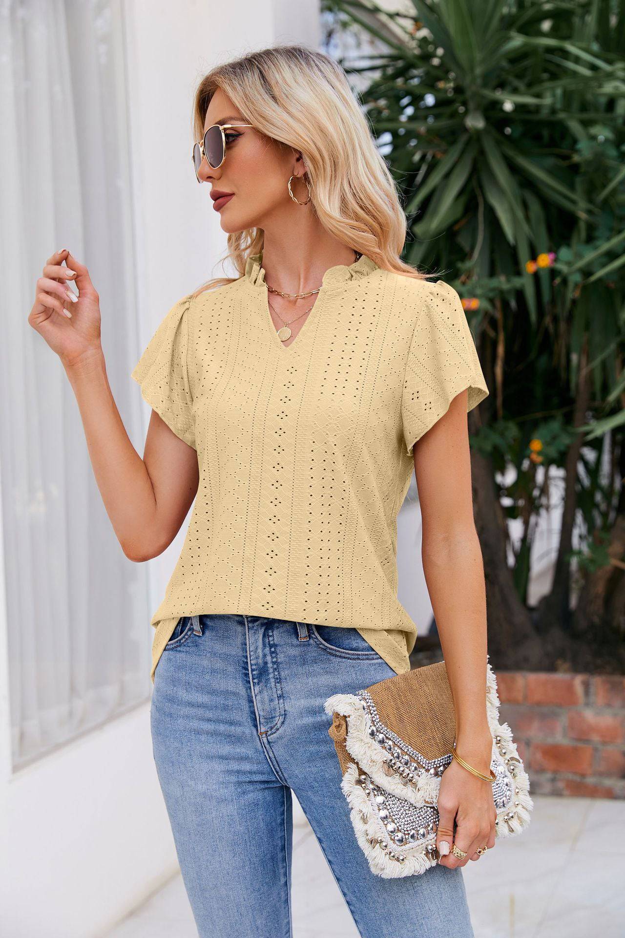 Notched Neck Puff Sleeve Blouse - Guy Christopher