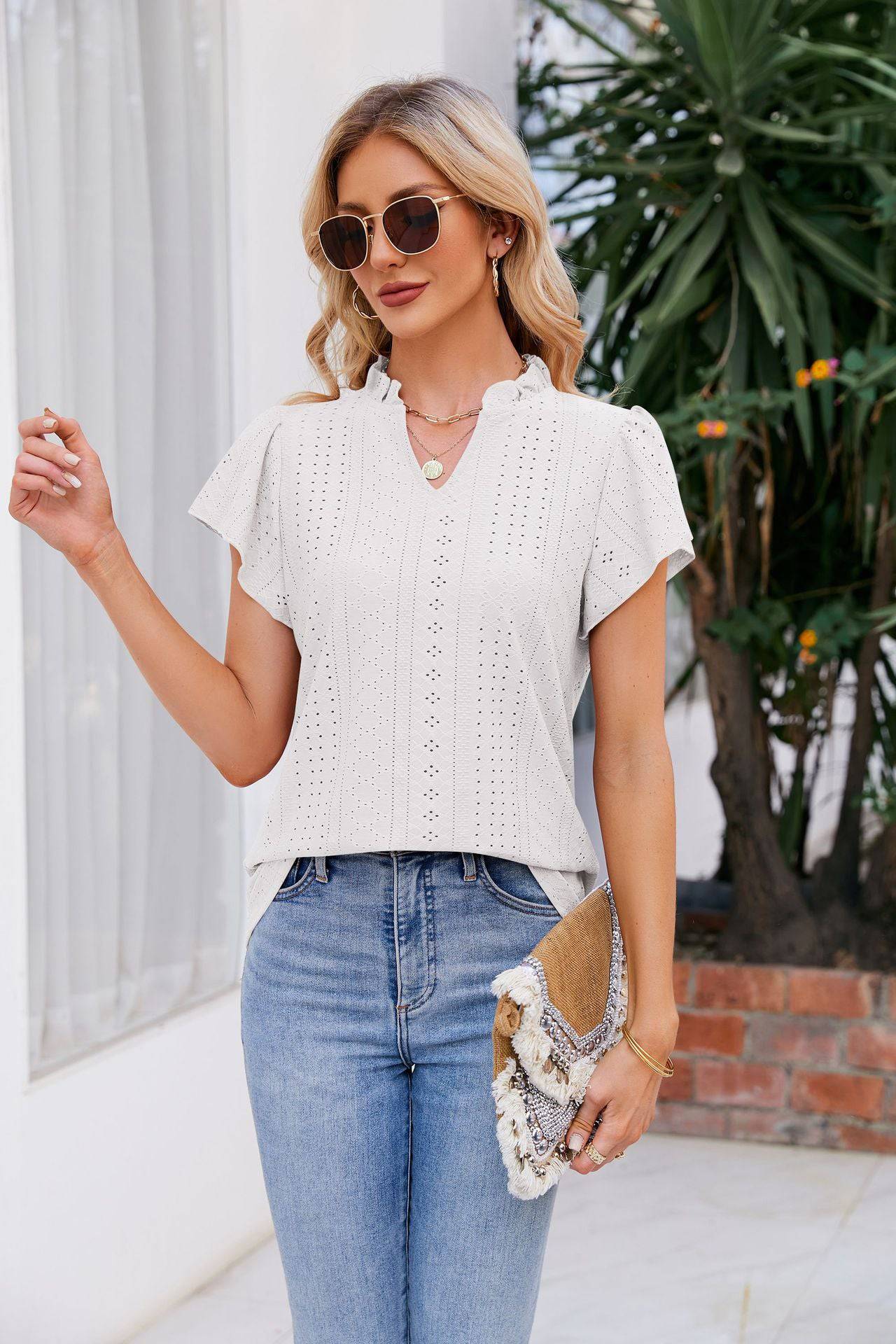 Notched Neck Puff Sleeve Blouse - Guy Christopher