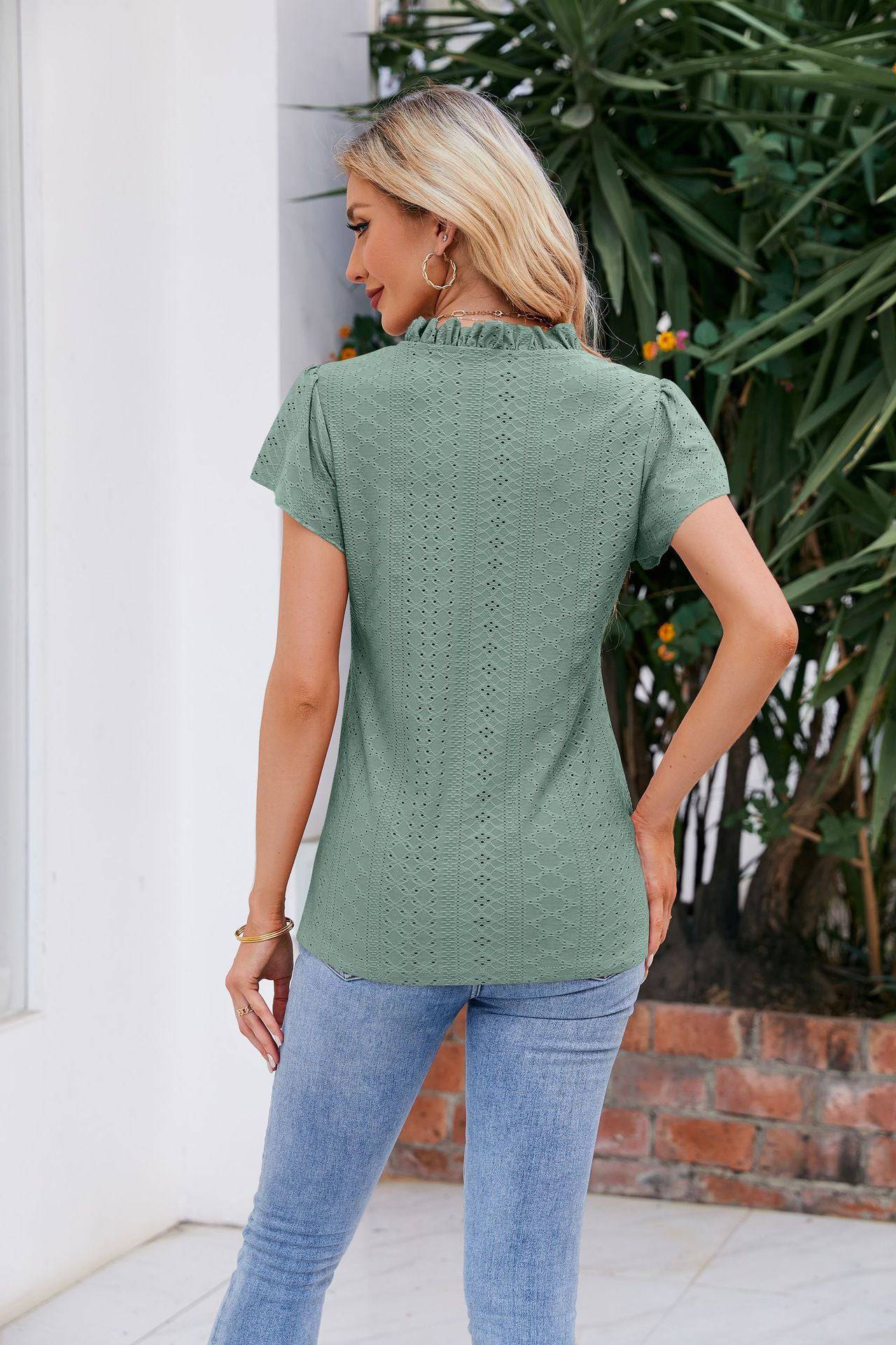 Notched Neck Puff Sleeve Blouse - Guy Christopher