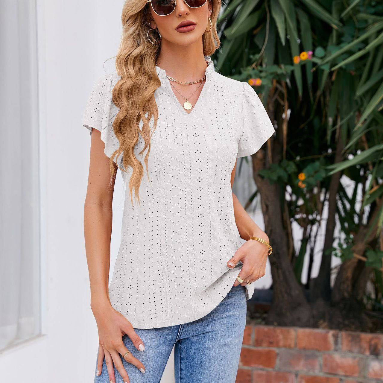 Notched Neck Puff Sleeve Blouse - Guy Christopher