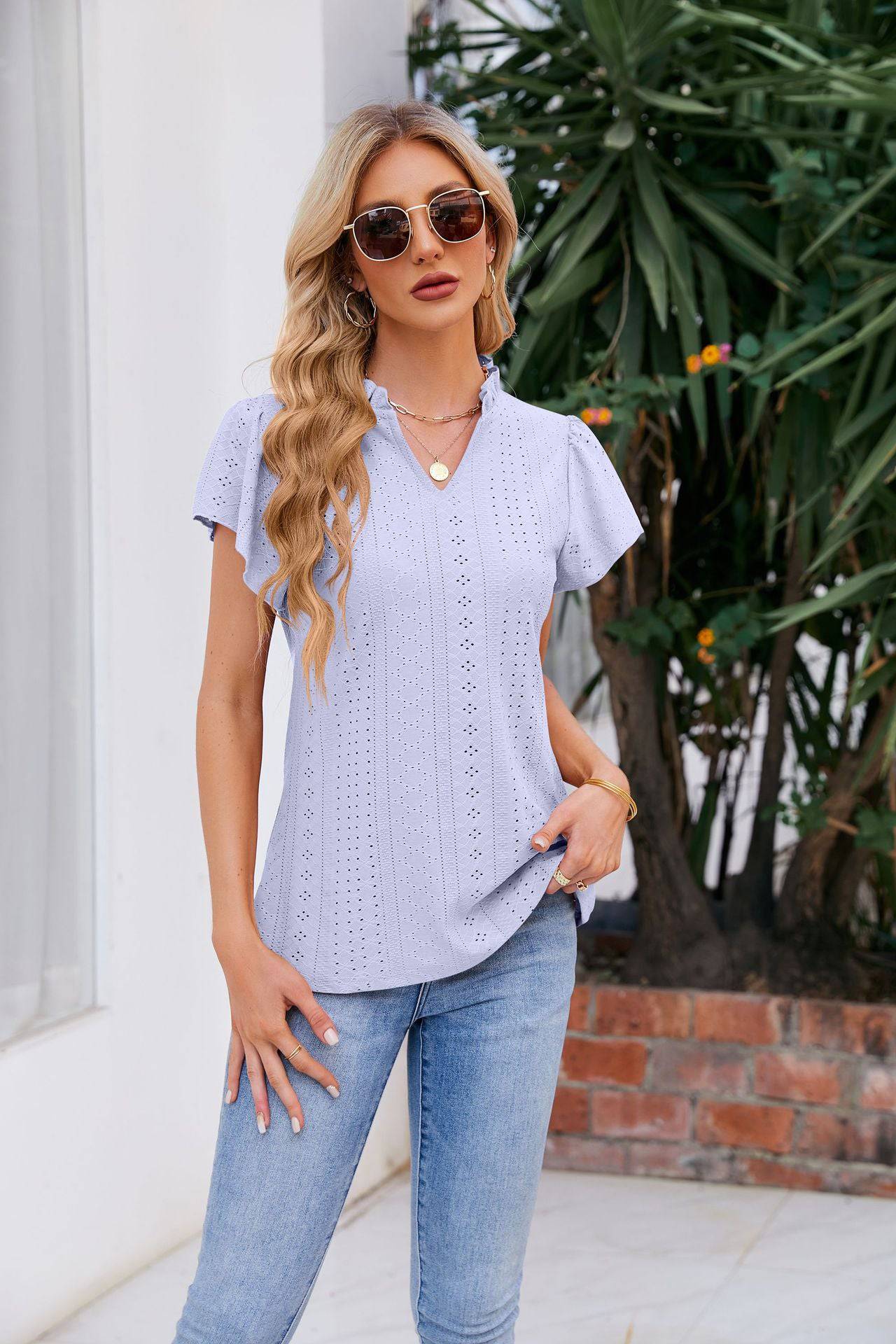 Notched Neck Puff Sleeve Blouse - Guy Christopher