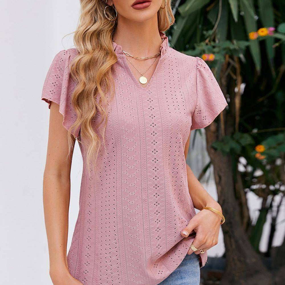 Notched Neck Puff Sleeve Blouse - Guy Christopher