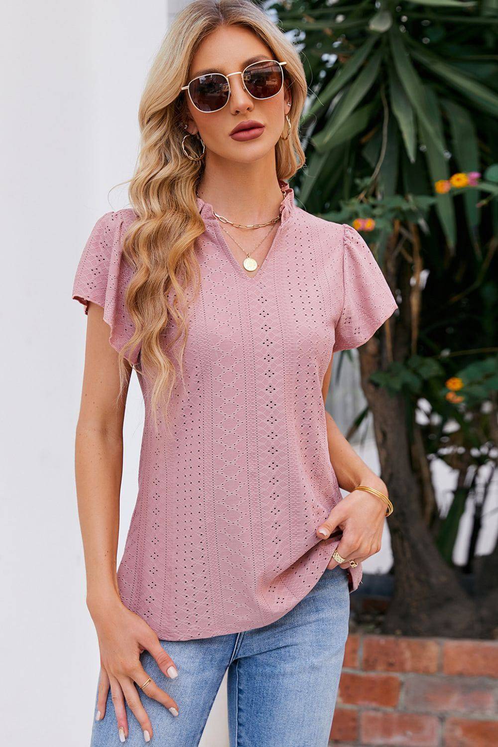 Notched Neck Puff Sleeve Blouse - Guy Christopher