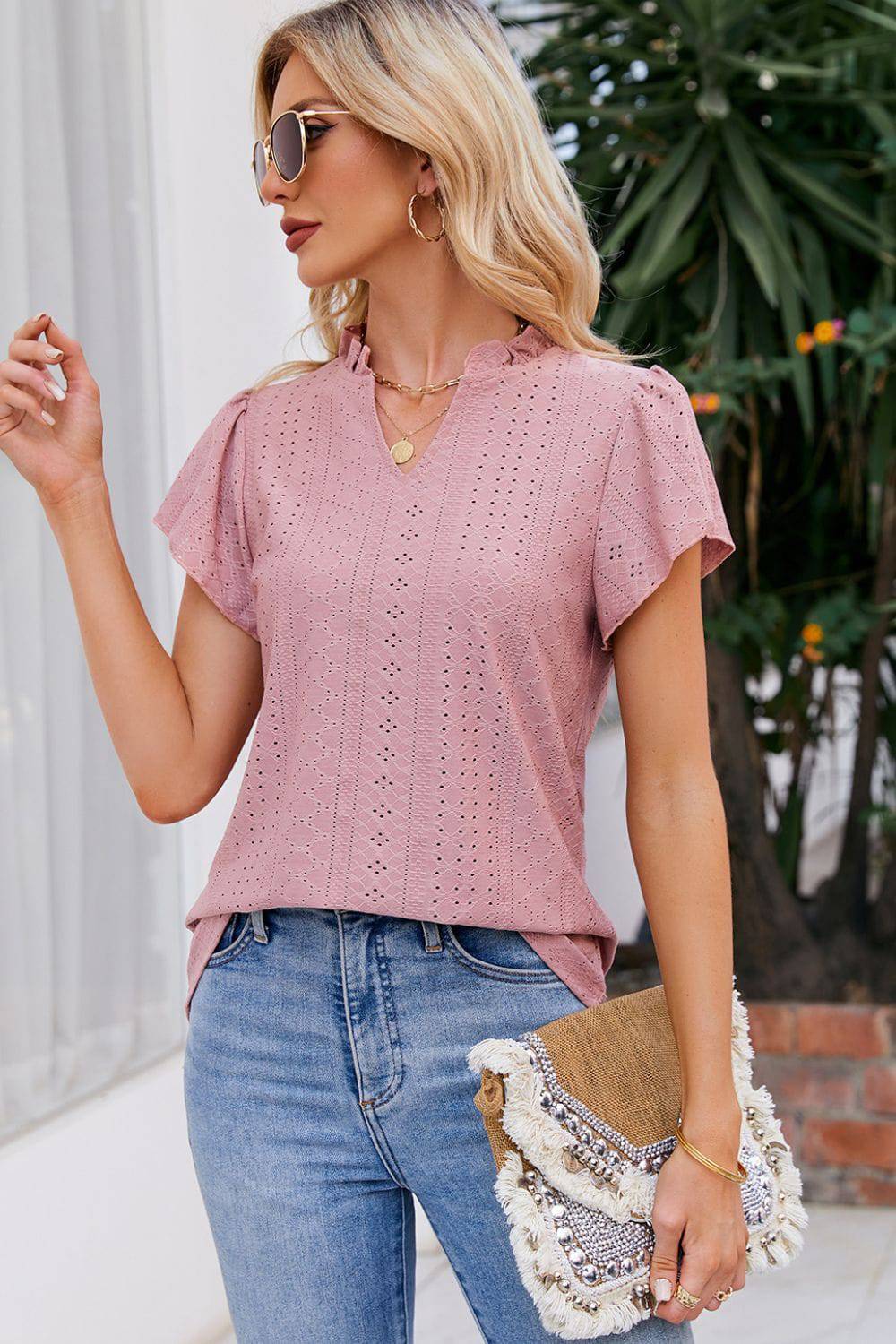 Notched Neck Puff Sleeve Blouse - Guy Christopher