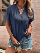 Notched Neck Short Sleeve Blouse - Guy Christopher