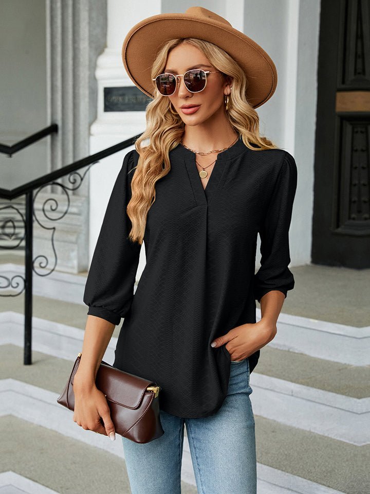Notched Neck Three-Quarter Sleeve Blouse - Guy Christopher