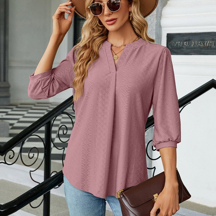 Notched Neck Three-Quarter Sleeve Blouse - Guy Christopher