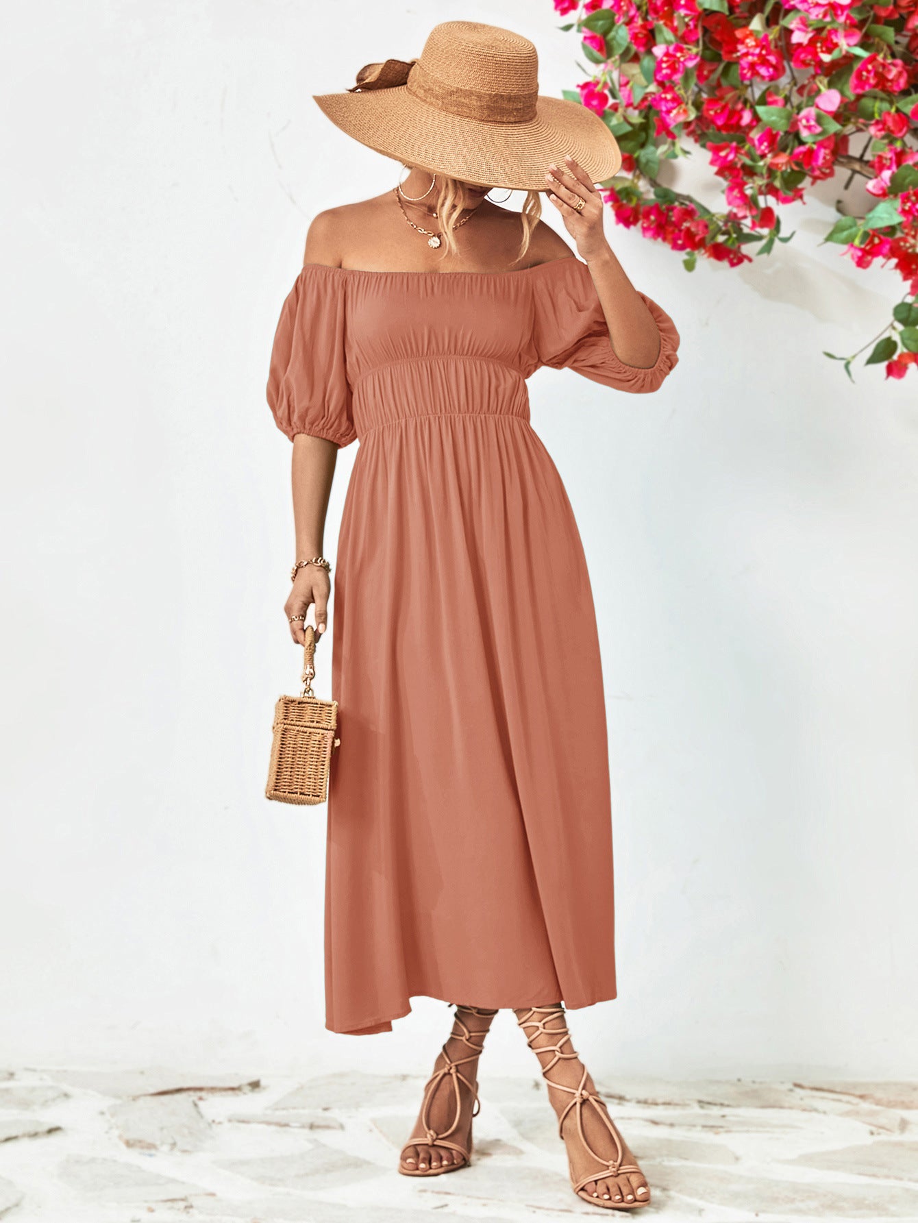 Off-Shoulder Balloon Sleeve Midi Dress - Guy Christopher