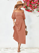 Off-Shoulder Balloon Sleeve Midi Dress - Guy Christopher