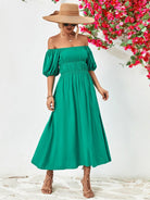 Off-Shoulder Balloon Sleeve Midi Dress - Guy Christopher