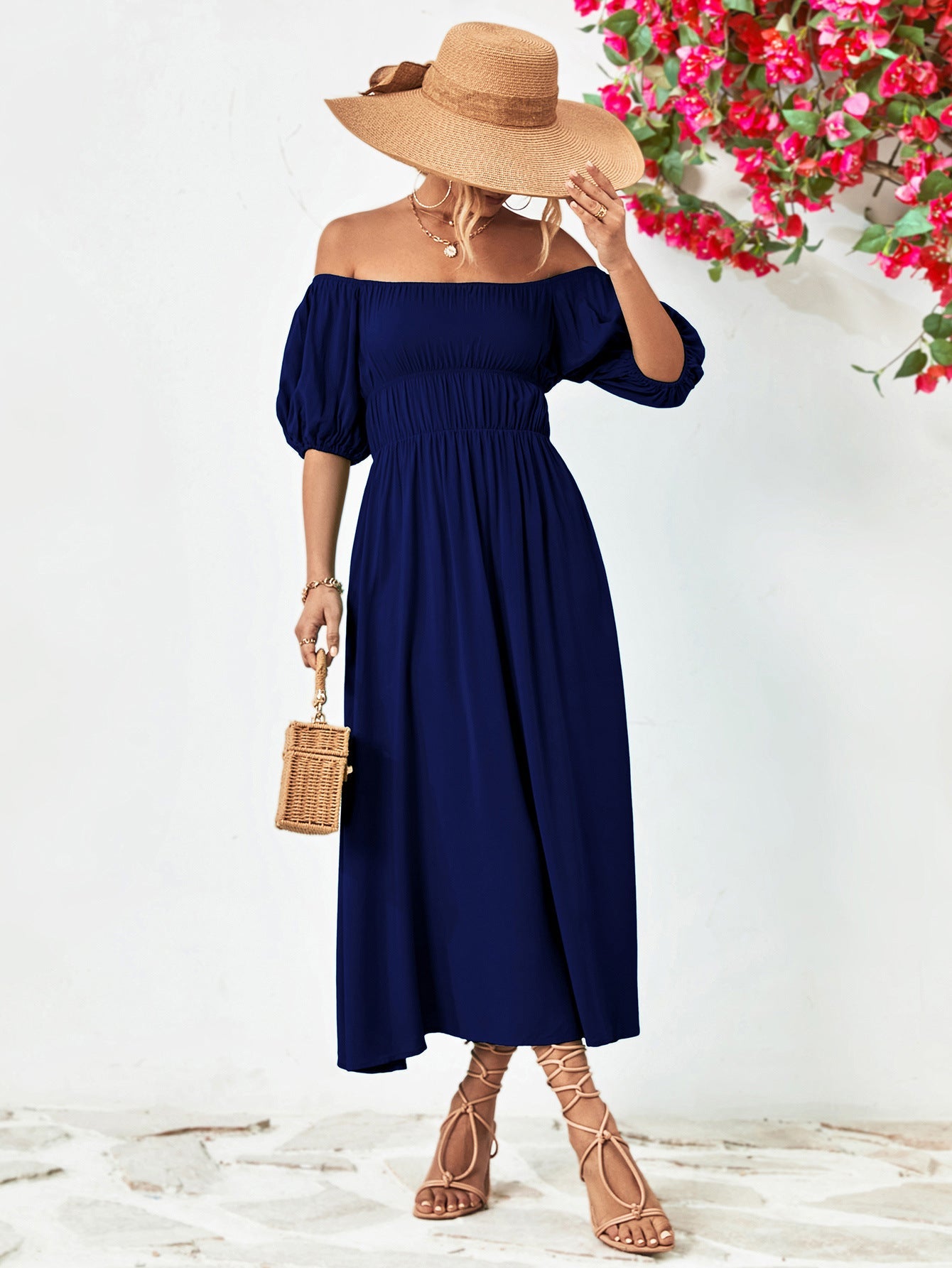 Off-Shoulder Balloon Sleeve Midi Dress - Guy Christopher