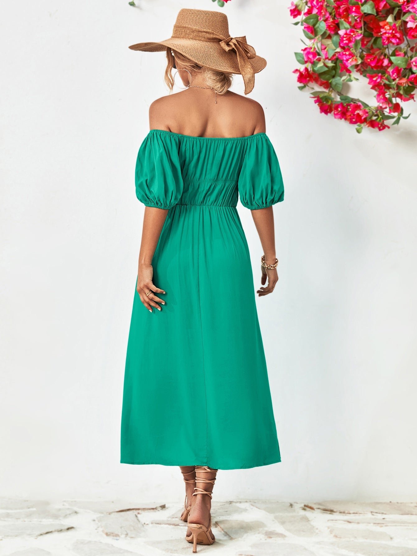 Off-Shoulder Balloon Sleeve Midi Dress - Guy Christopher