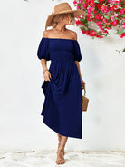 Off-Shoulder Balloon Sleeve Midi Dress - Guy Christopher