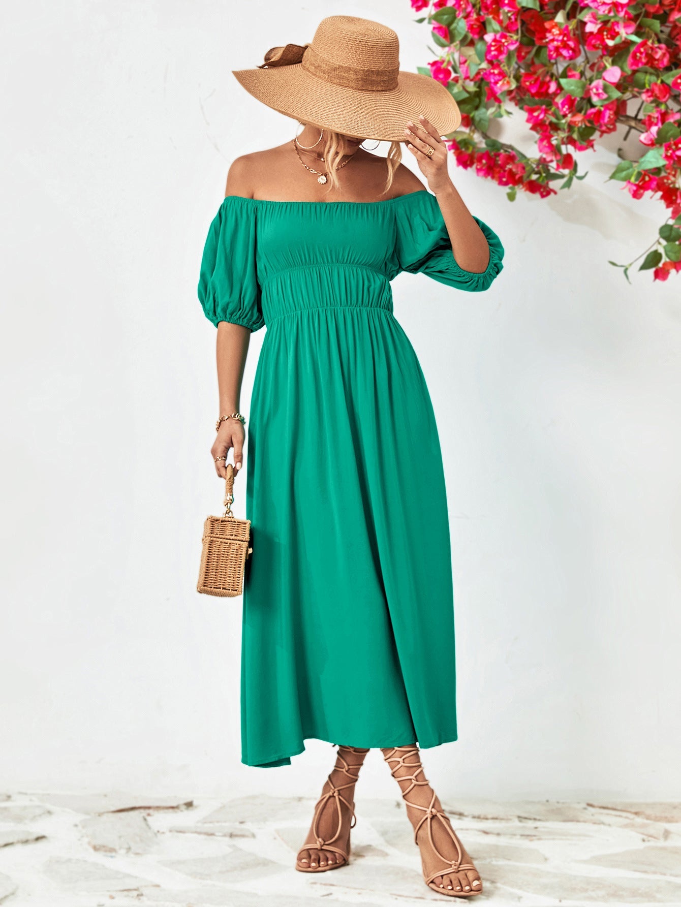 Off-Shoulder Balloon Sleeve Midi Dress - Guy Christopher