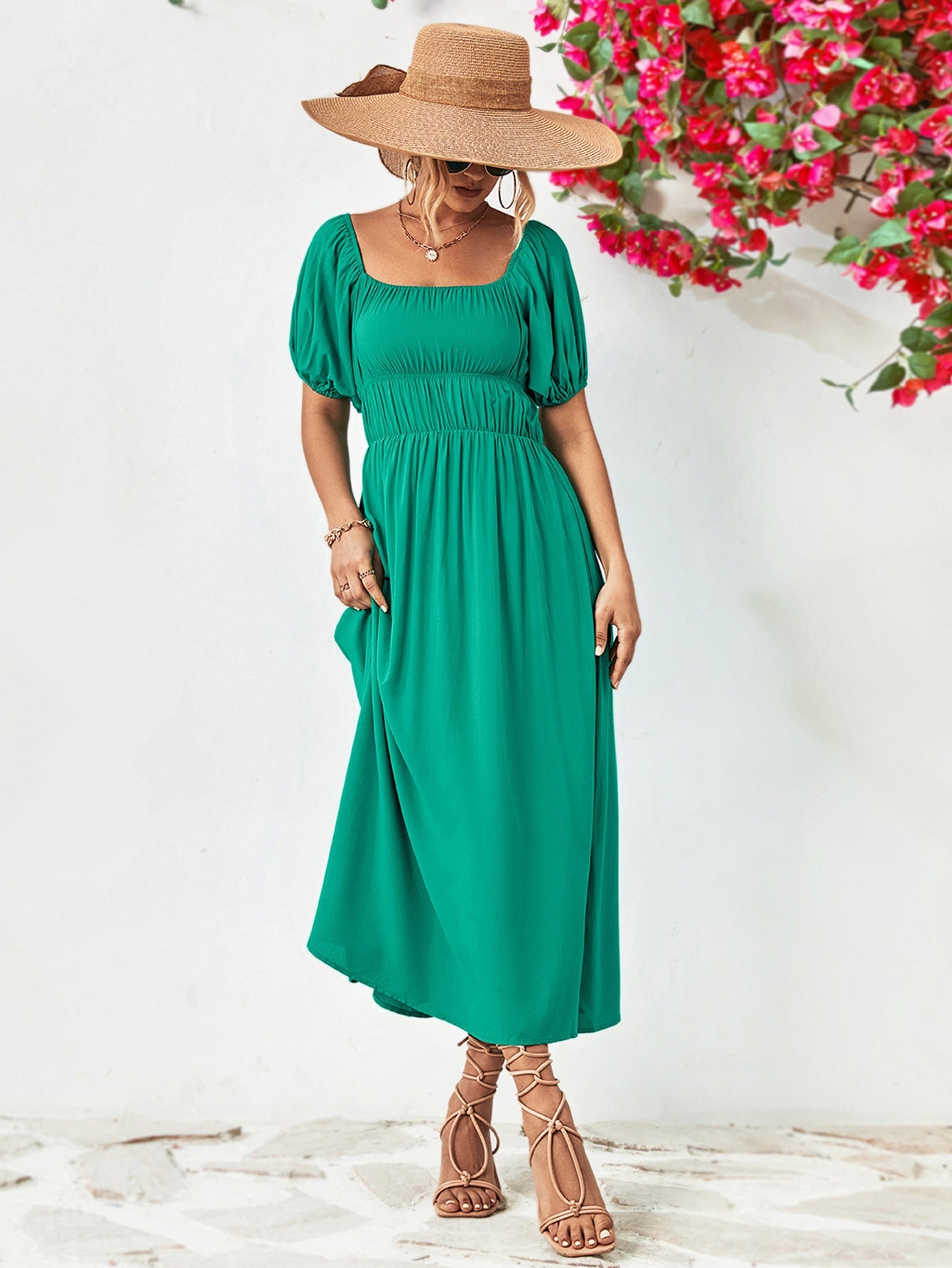 Off-Shoulder Balloon Sleeve Midi Dress - Guy Christopher