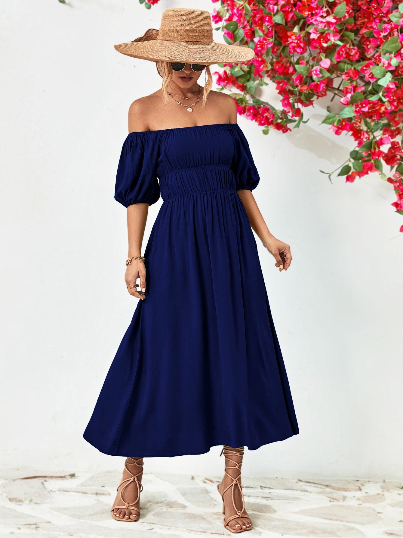 Off-Shoulder Balloon Sleeve Midi Dress - Guy Christopher