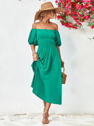 Off-Shoulder Balloon Sleeve Midi Dress - Guy Christopher