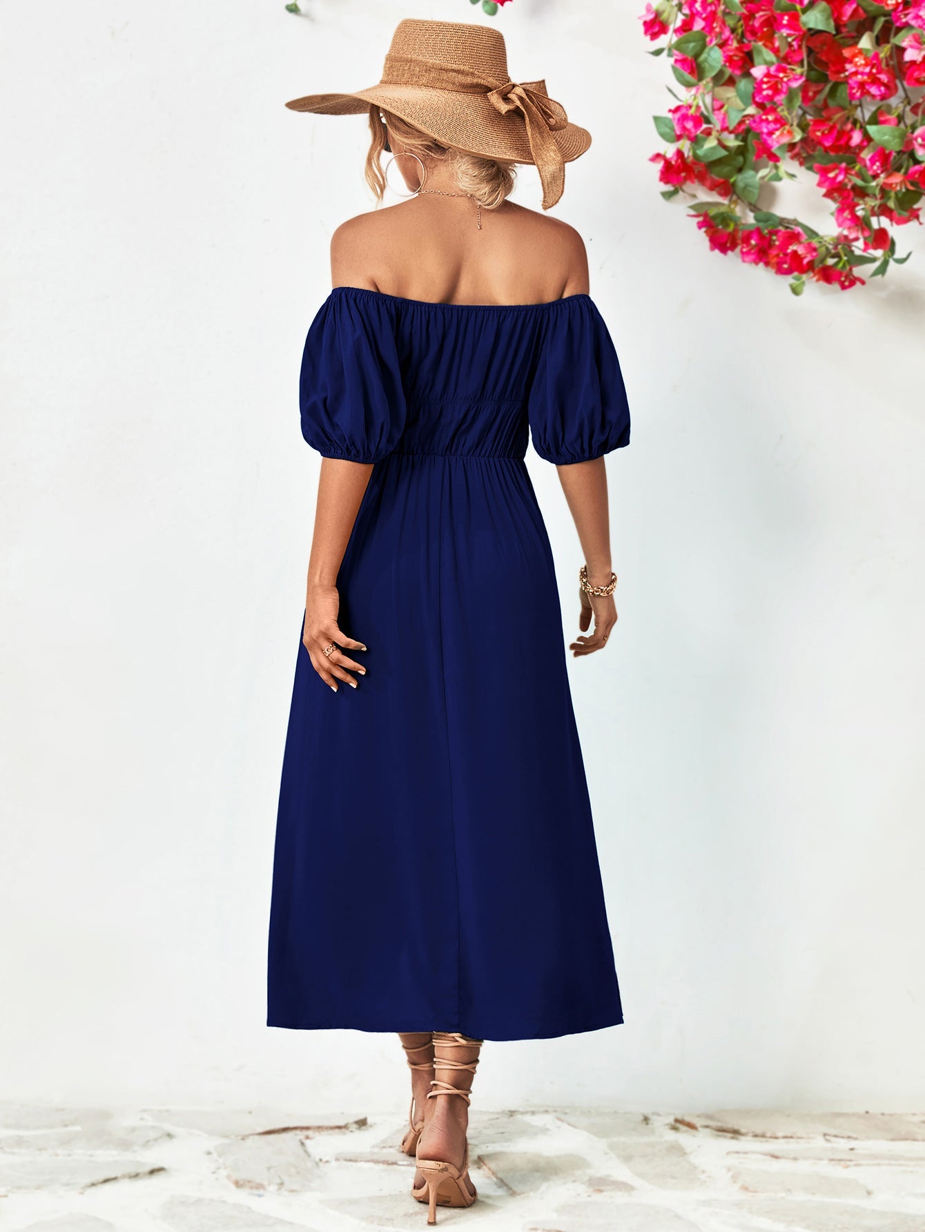 Off-Shoulder Balloon Sleeve Midi Dress - Guy Christopher