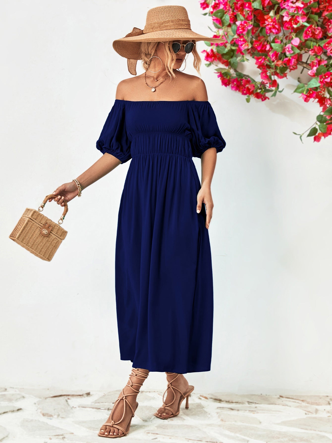 Off-Shoulder Balloon Sleeve Midi Dress - Guy Christopher