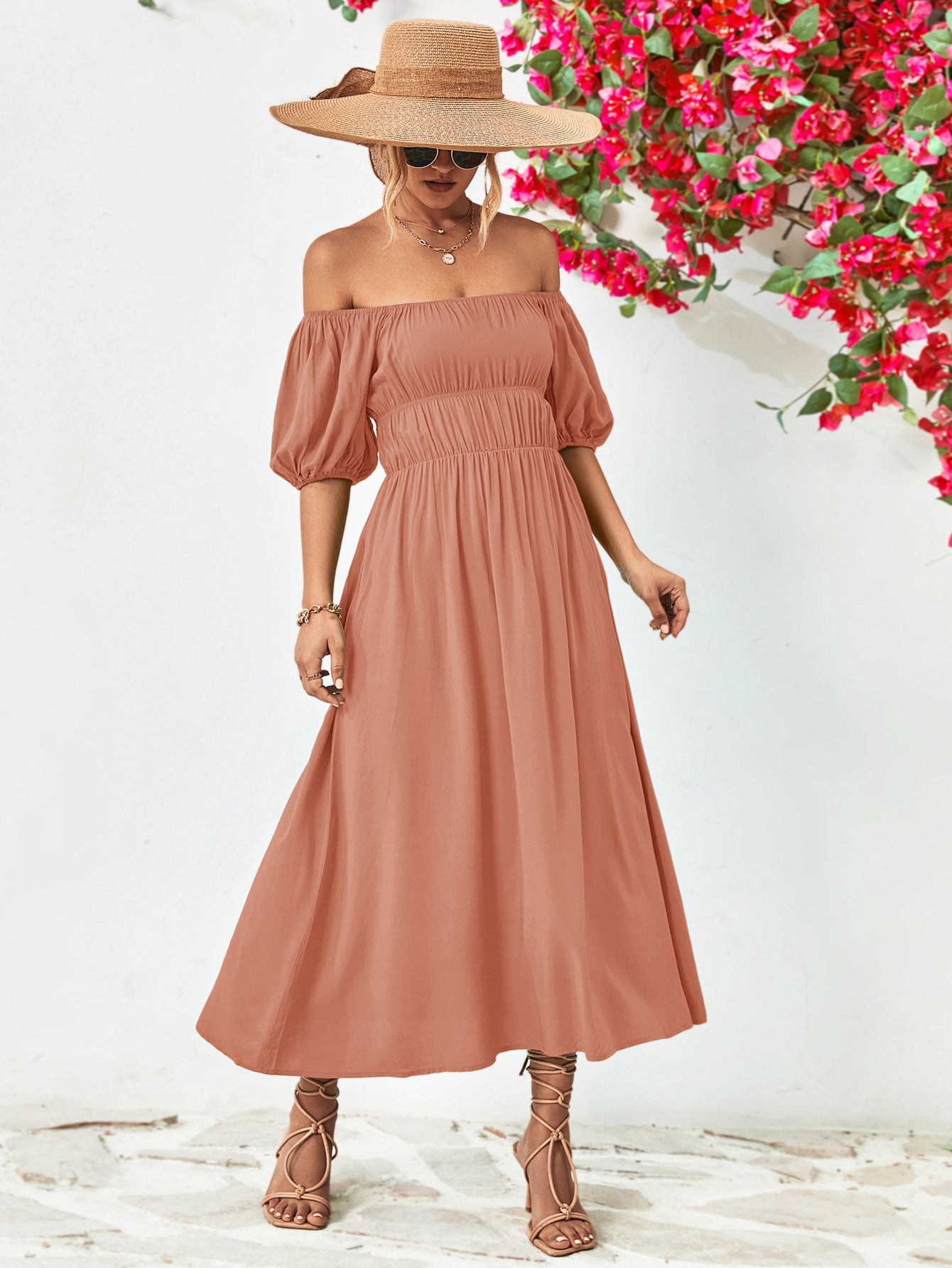 Off-Shoulder Balloon Sleeve Midi Dress - Guy Christopher