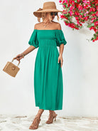 Off-Shoulder Balloon Sleeve Midi Dress - Guy Christopher