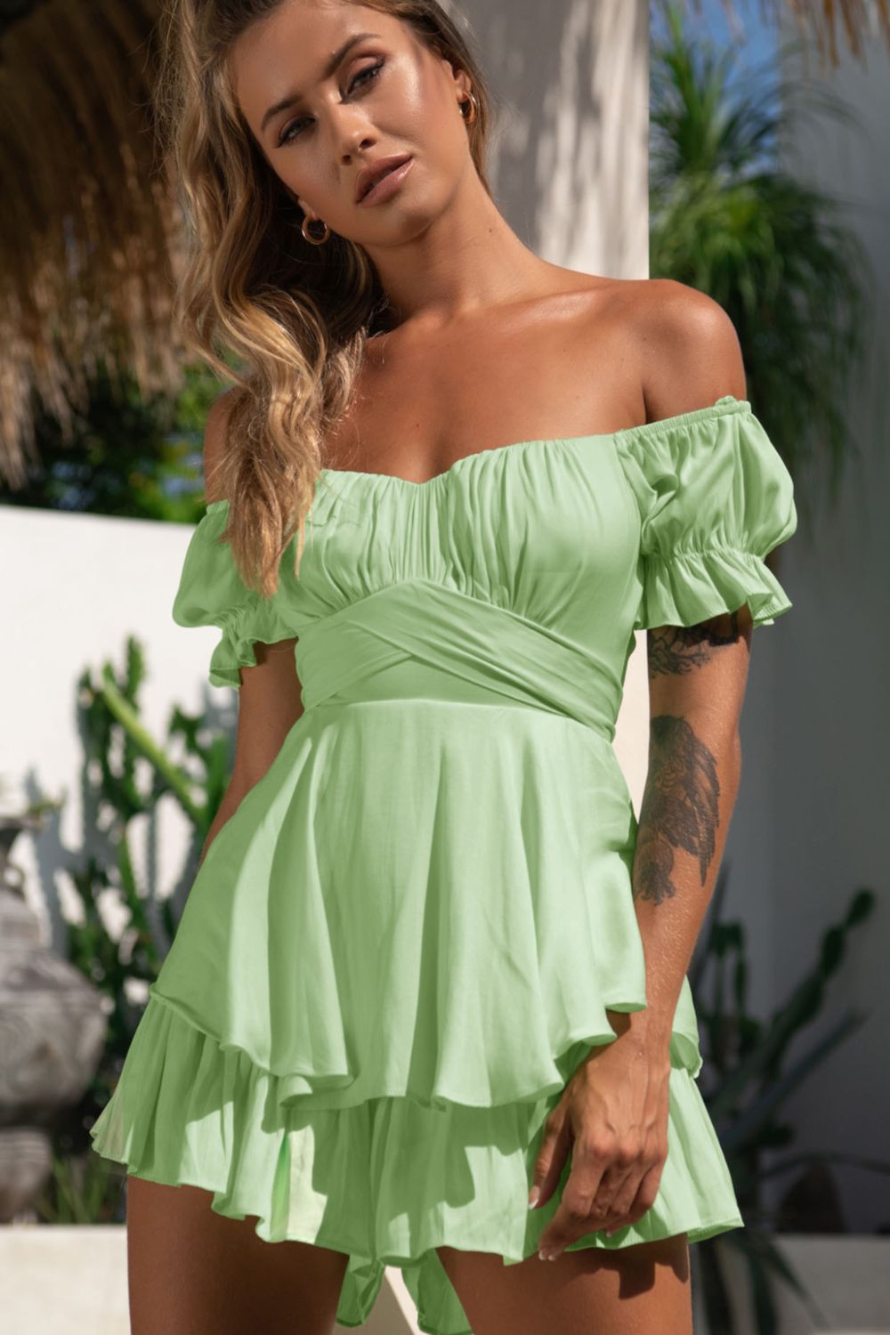 Off Shoulder Flounce Sleeve Mini Dress - Guy Christopher