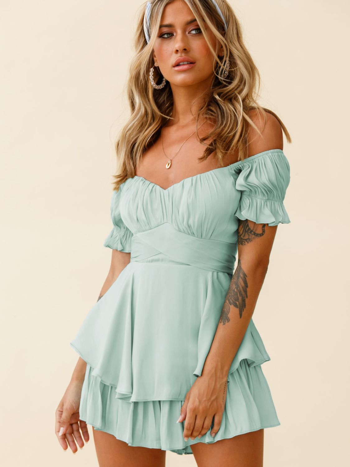 Off Shoulder Flounce Sleeve Mini Dress - Guy Christopher