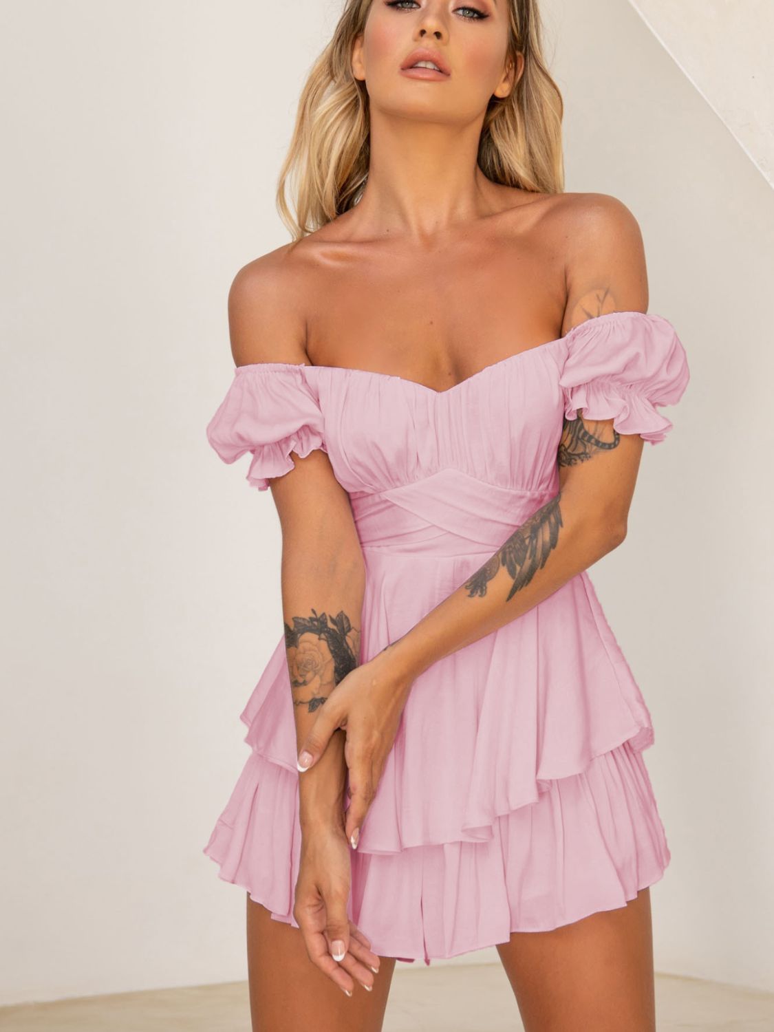 Off Shoulder Flounce Sleeve Mini Dress - Guy Christopher