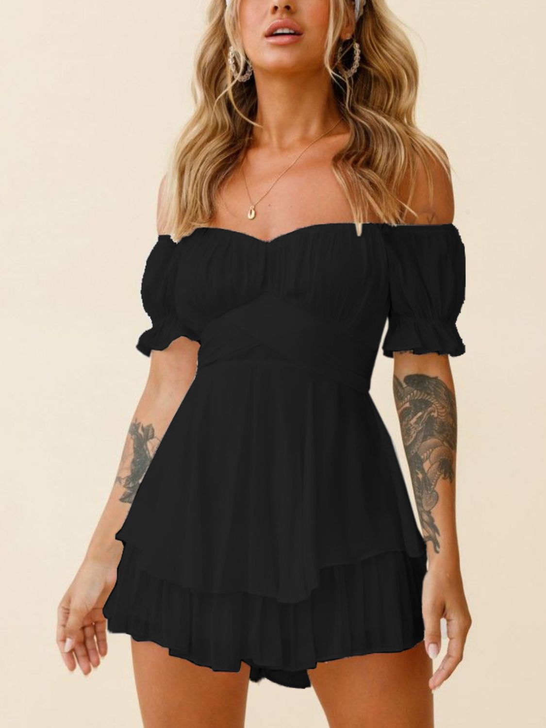 Off Shoulder Flounce Sleeve Mini Dress - Guy Christopher