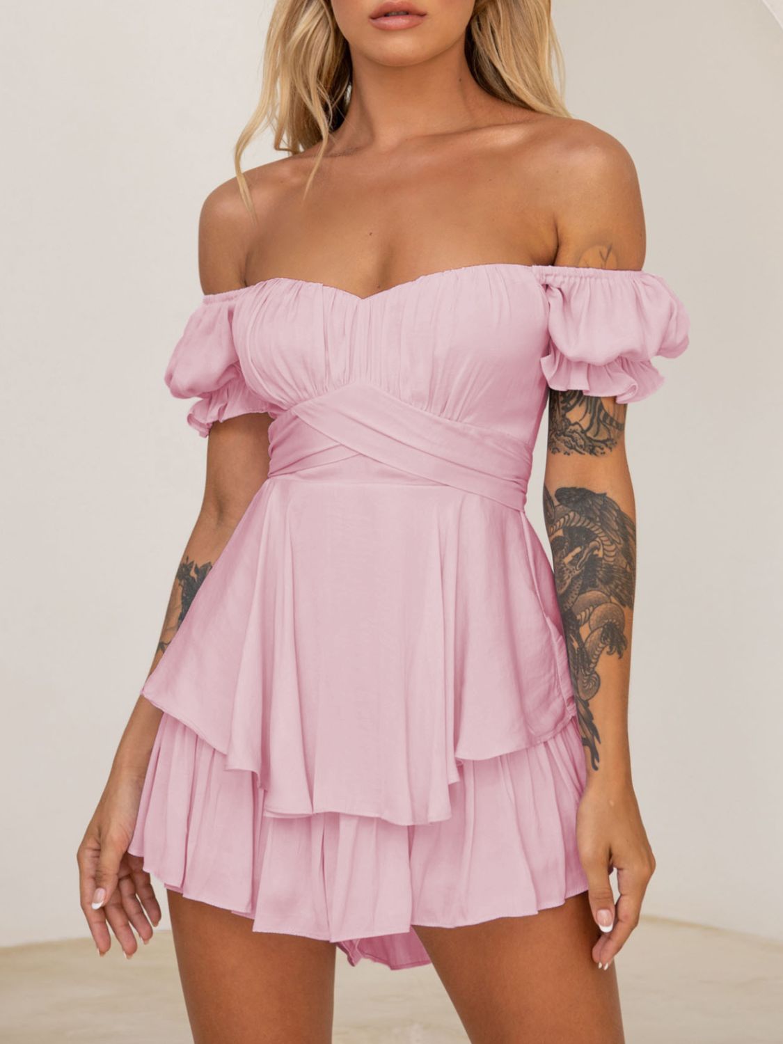 Off Shoulder Flounce Sleeve Mini Dress - Guy Christopher