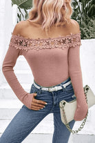 Off-Shoulder Lace Trim Ribbed Tee - Guy Christopher