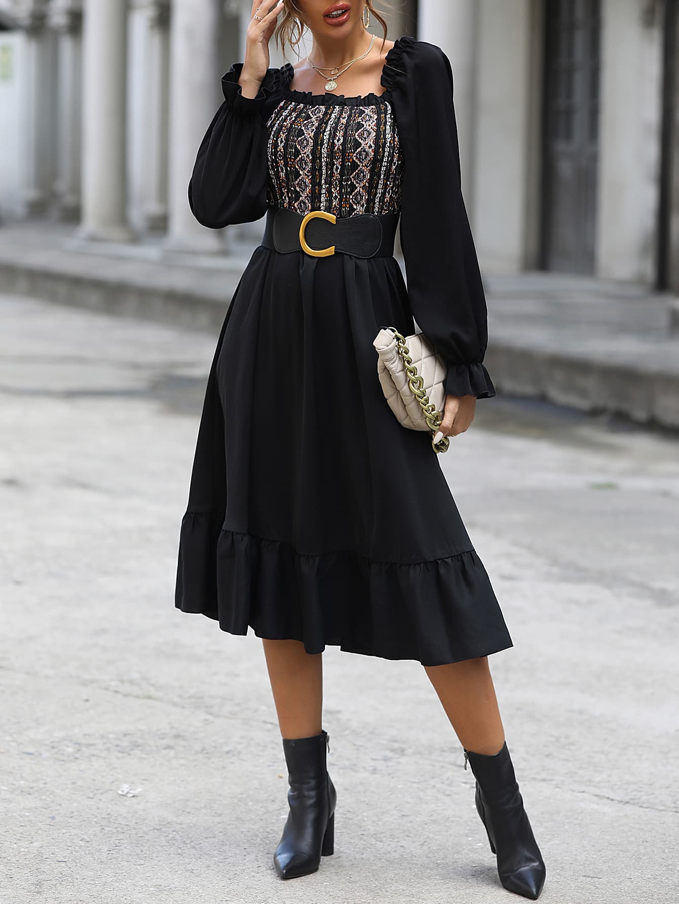 Off Shoulder Printed Flounce Sleeve Midi Dress - Guy Christopher