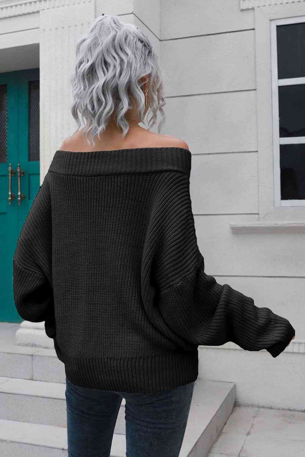 Off-Shoulder Ribbed Long Sleeve Pullover Sweater - Guy Christopher