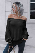 Off-Shoulder Ribbed Long Sleeve Pullover Sweater - Guy Christopher